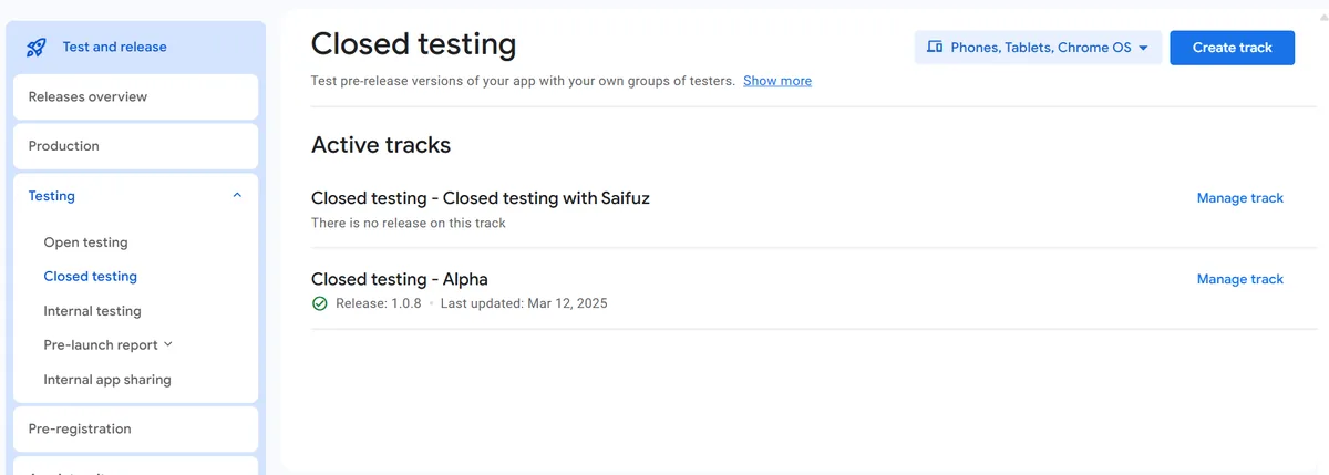 Creating a Closed Testing Track in Google Play Console